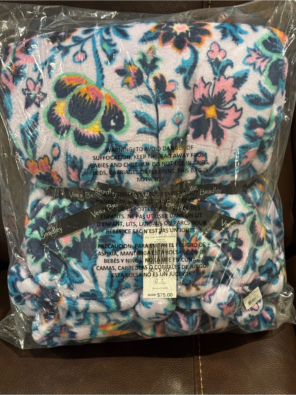 Vera Bradley Floral Plush Throw Blanket with Pom Poms